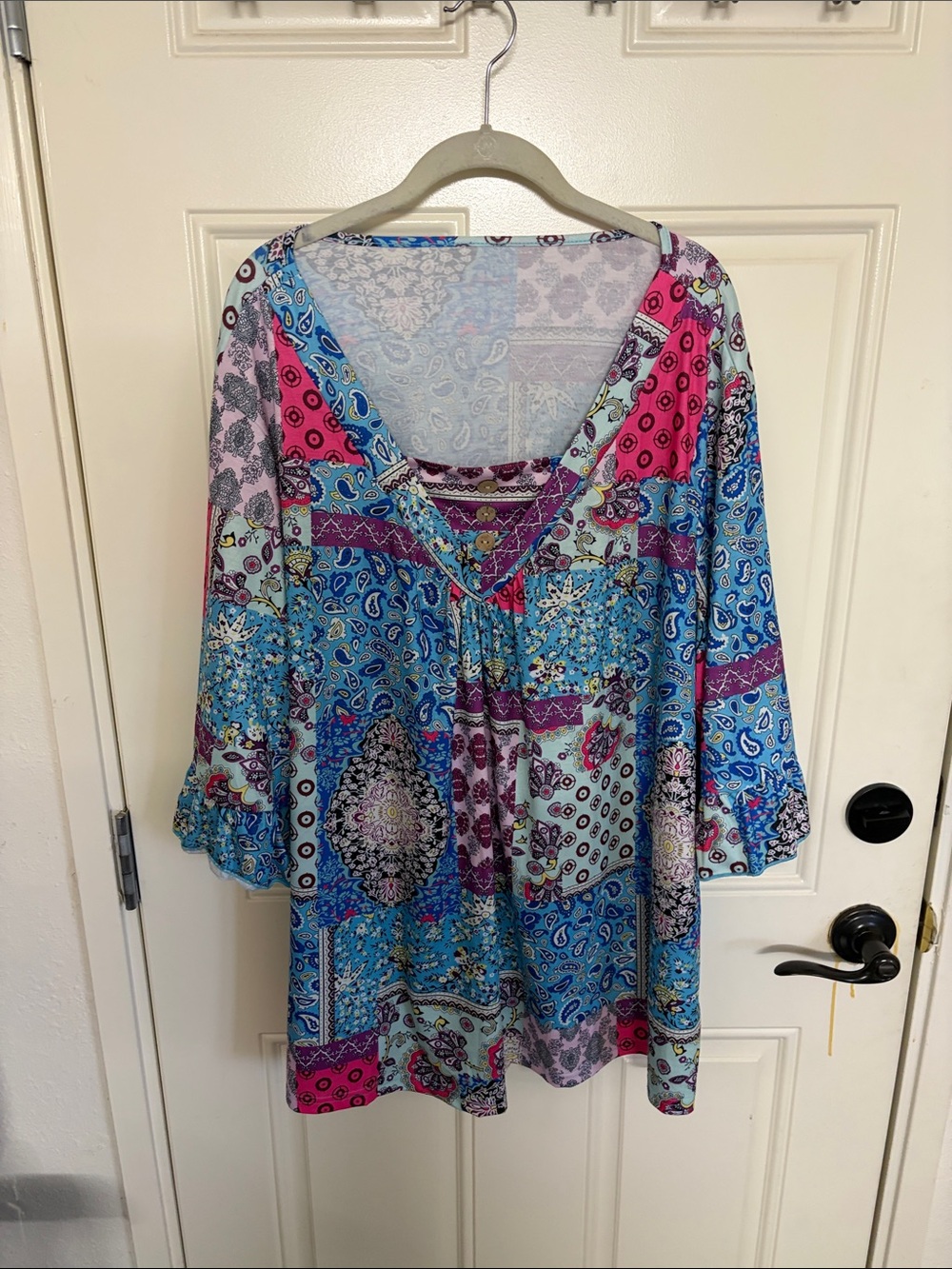 Boho V-Neck Patchwork Tunic in Blue and Pink